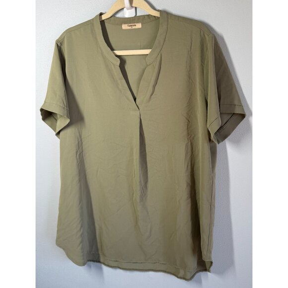 Timeson Womens Chiffon Popover Blouse XL Sage Green V-Neck Flowy Layering - Picture 1 of 12